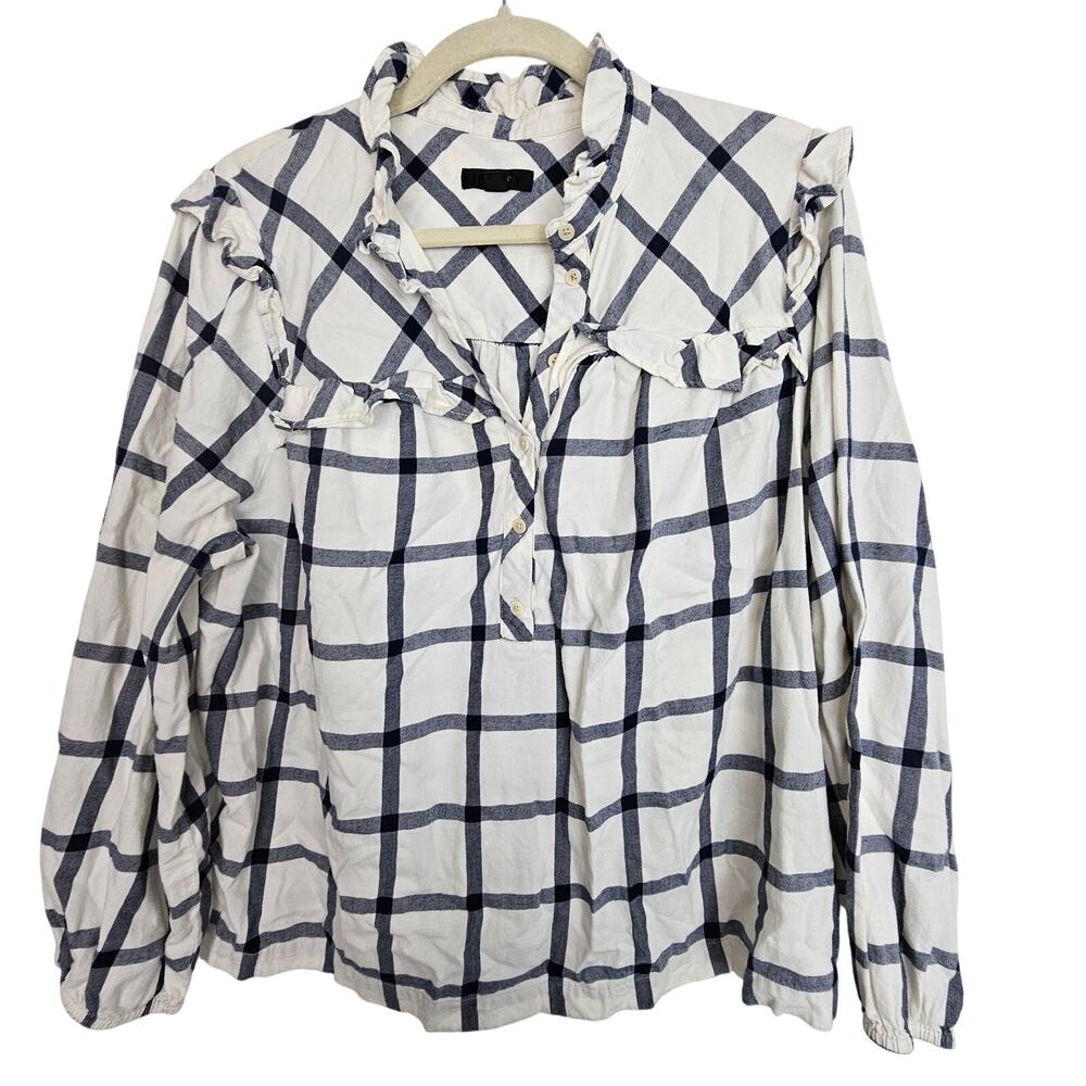 J. Crew Flannel Shirt Tunic Top Blue White Windowpane Blouse Women L Ruffle